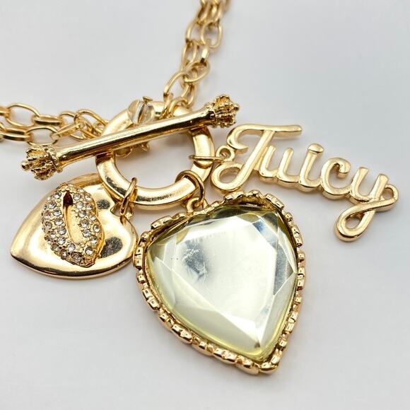 Vtg JUICY COUTURE Charm Necklace Heart Logo Scepter Mouth Lips Crystals Toggle - Picture 5 of 8